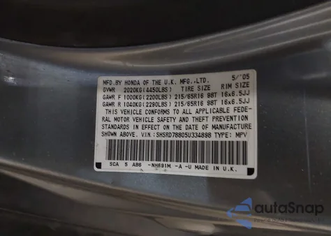 2005 Honda Cr-V Ex z USA, uszkodzony, nr VIN SHSRD78805U334898